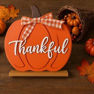 Rustic Farmhouse Thankful Pumpkin Sign – Wooden Fall Harvest Table Decor